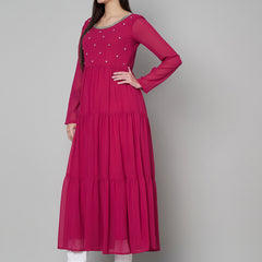 Poshak Hub Women Pink Georgette Embroidery Tiered Anarkali Kurta