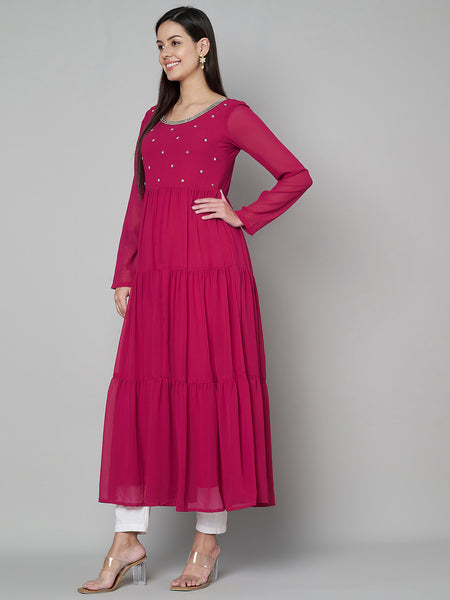 Poshak Hub Women Pink Georgette Embroidery Tiered Anarkali Kurta