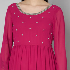 Poshak Hub Women Pink Georgette Embroidery Tiered Anarkali Kurta