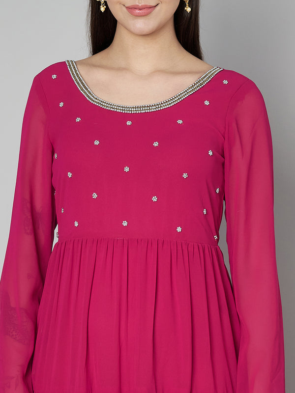 Poshak Hub Women Pink Georgette Embroidery Tiered Anarkali Kurta