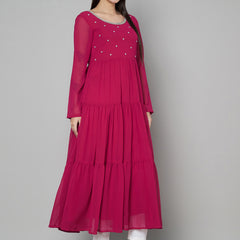 Poshak Hub Women Pink Georgette Embroidery Tiered Anarkali Kurta