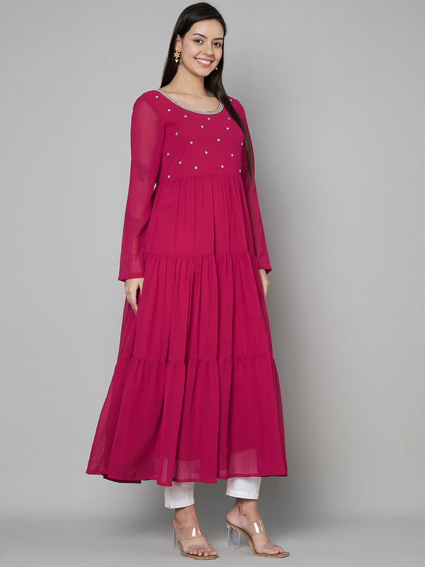 Poshak Hub Women Pink Georgette Embroidery Tiered Anarkali Kurta