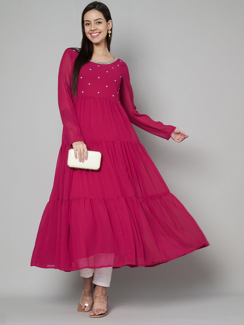 Poshak Hub Women Pink Georgette Embroidery Tiered Anarkali Kurta