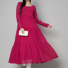 Poshak Hub Women Pink Georgette Embroidery Tiered Anarkali Kurta
