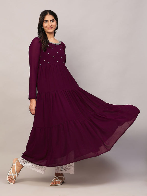 Poshak Hub Women Purple Georgette Embroidery Tiered Anarkali Kurta