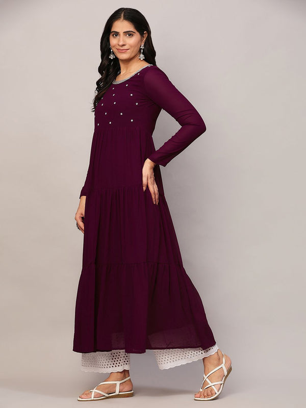Poshak Hub Women Purple Georgette Embroidery Tiered Anarkali Kurta