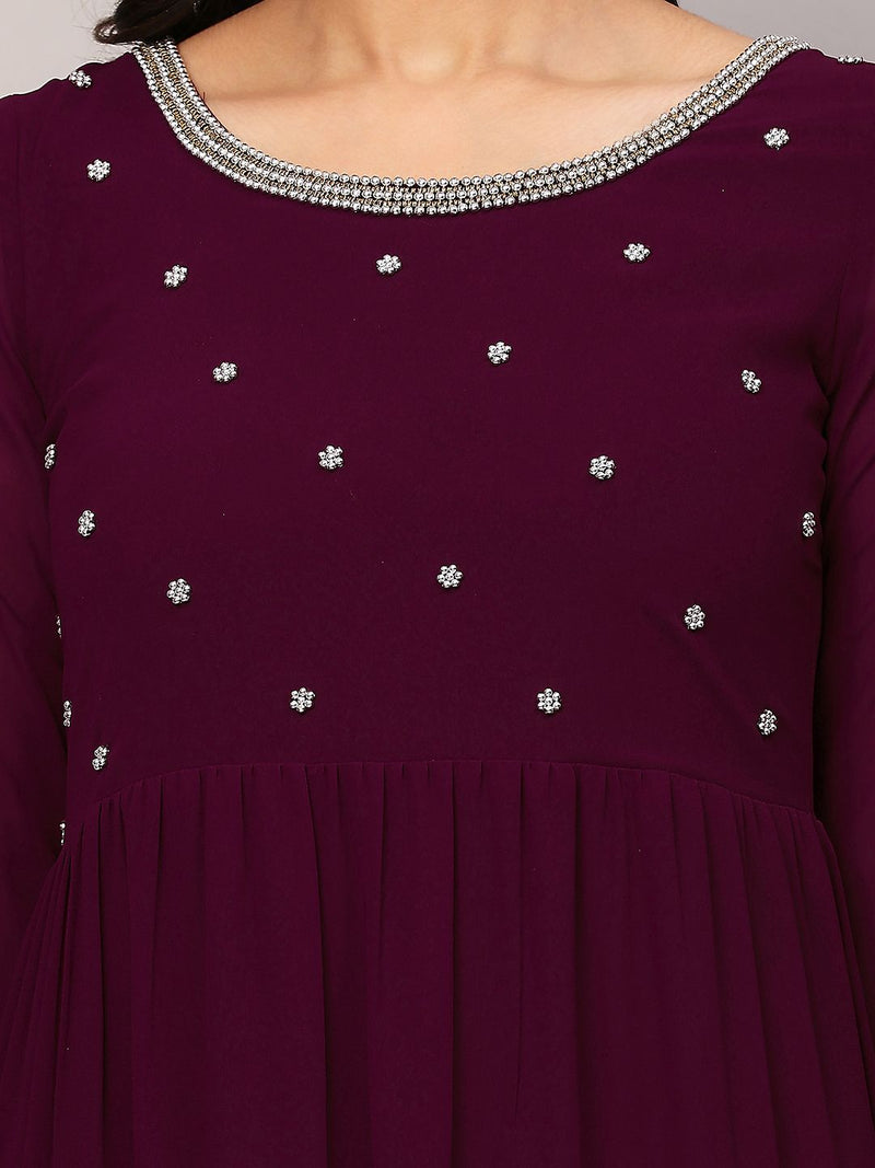 Poshak Hub Women Purple Georgette Embroidery Tiered Anarkali Kurta