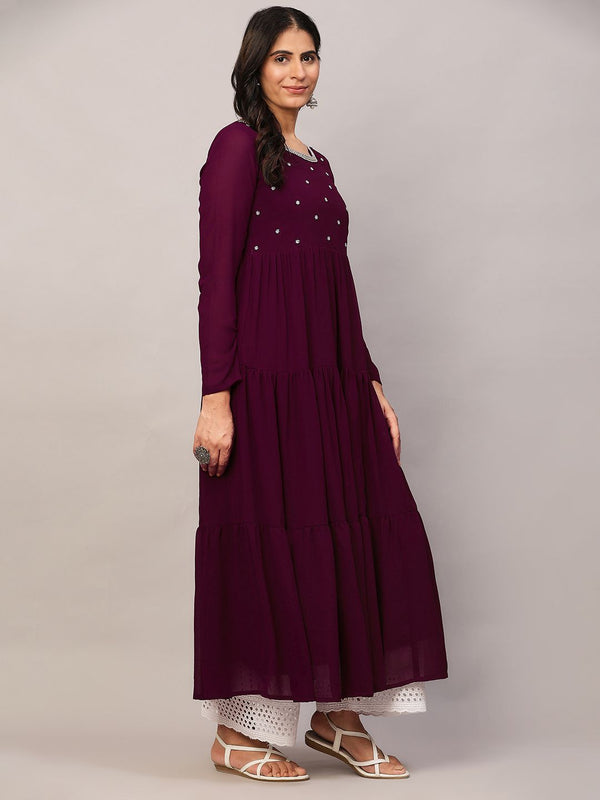 Poshak Hub Women Purple Georgette Embroidery Tiered Anarkali Kurta