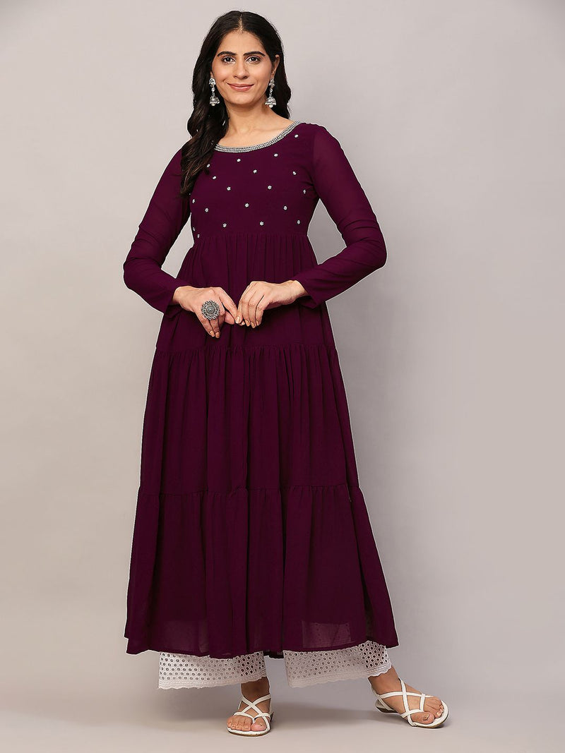 Poshak Hub Women Purple Georgette Embroidery Tiered Anarkali Kurta