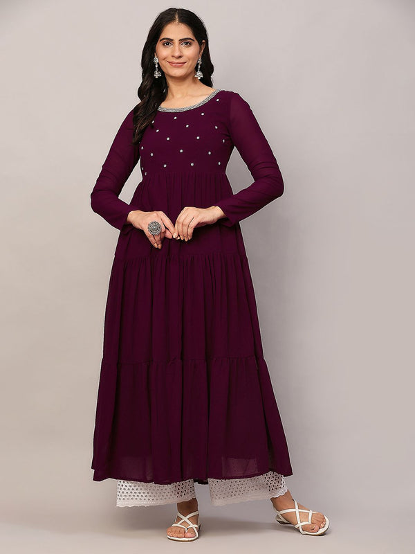 Poshak Hub Women Purple Georgette Embroidery Tiered Anarkali Kurta
