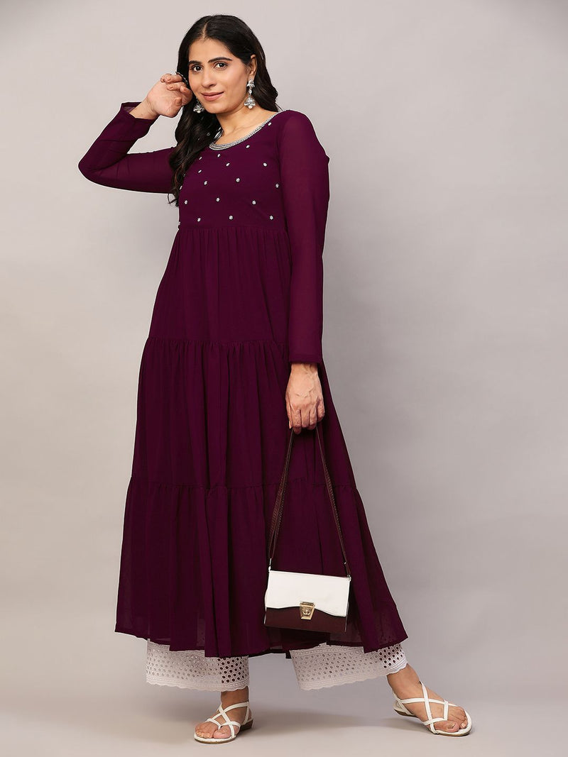 Poshak Hub Women Purple Georgette Embroidery Tiered Anarkali Kurta