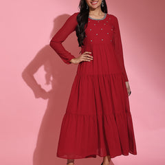 Poshak Hub Women Red Georgette Embroidery Tiered Anarkali Kurta
