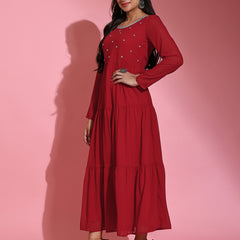 Poshak Hub Women Red Georgette Embroidery Tiered Anarkali Kurta