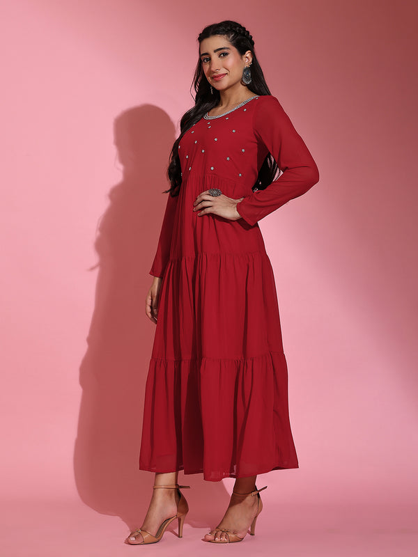 Poshak Hub Women Red Georgette Embroidery Tiered Anarkali Kurta