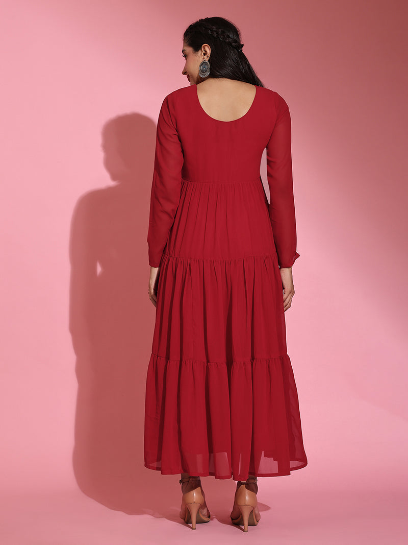 Poshak Hub Women Red Georgette Embroidery Tiered Anarkali Kurta