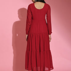 Poshak Hub Women Red Georgette Embroidery Tiered Anarkali Kurta