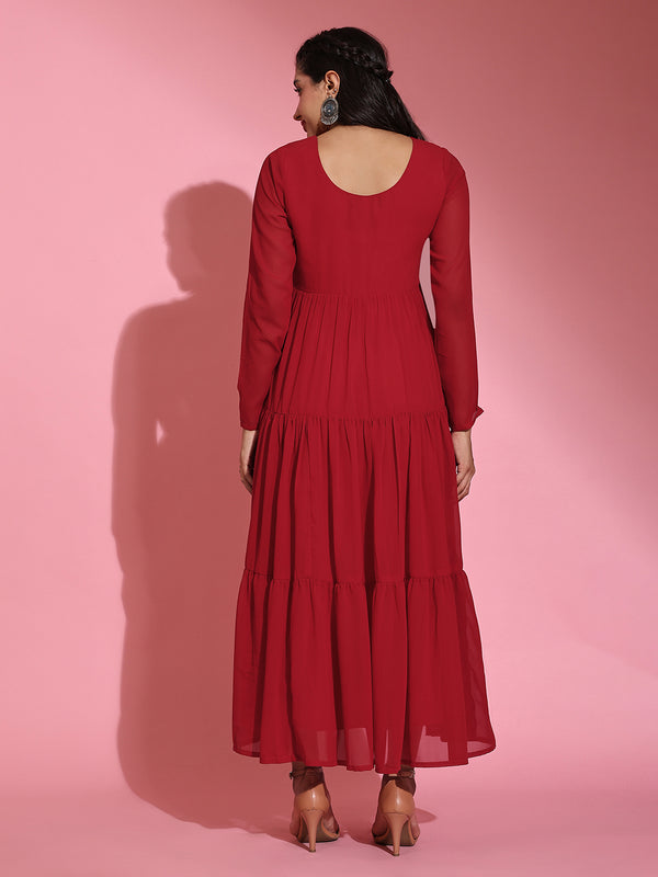 Poshak Hub Women Red Georgette Embroidery Tiered Anarkali Kurta