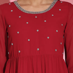 Poshak Hub Women Red Georgette Embroidery Tiered Anarkali Kurta