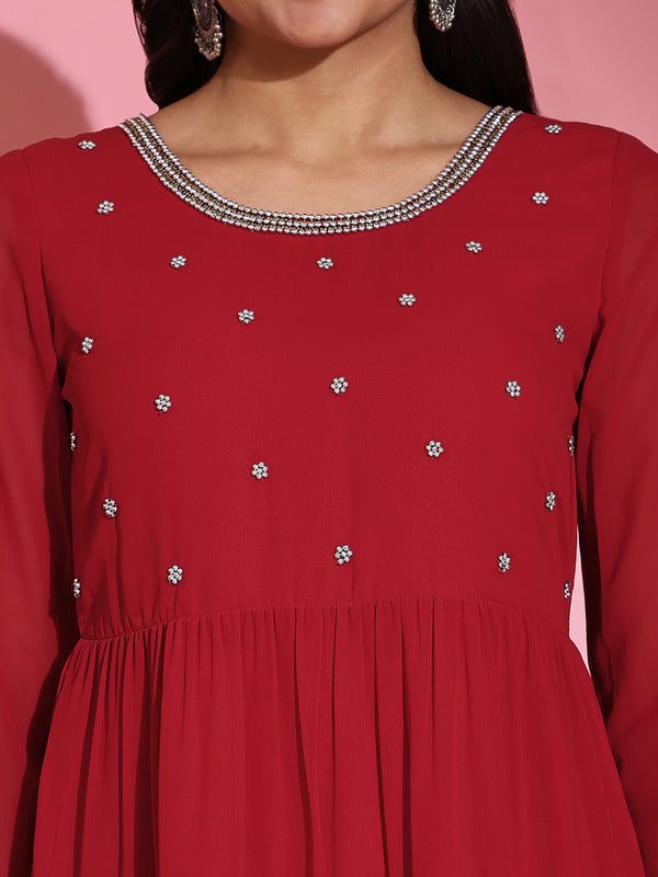 Poshak Hub Women Red Georgette Embroidery Tiered Anarkali Kurta