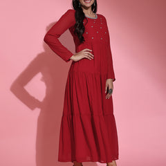 Poshak Hub Women Red Georgette Embroidery Tiered Anarkali Kurta