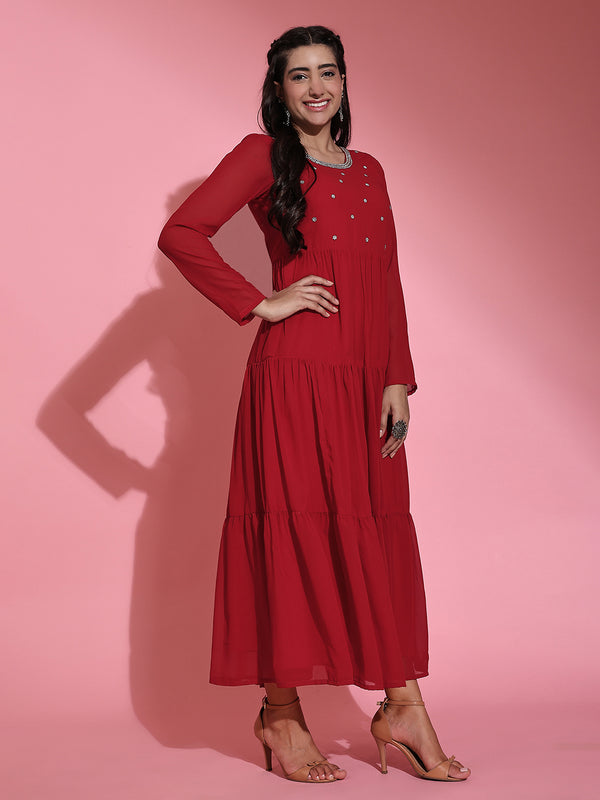 Poshak Hub Women Red Georgette Embroidery Tiered Anarkali Kurta