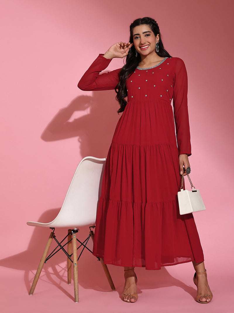 Poshak Hub Women Red Georgette Embroidery Tiered Anarkali Kurta