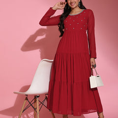 Poshak Hub Women Red Georgette Embroidery Tiered Anarkali Kurta