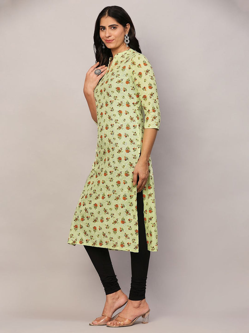 Poshak Hub Women Green ChikanKari Cotton Print A-Line Kurta