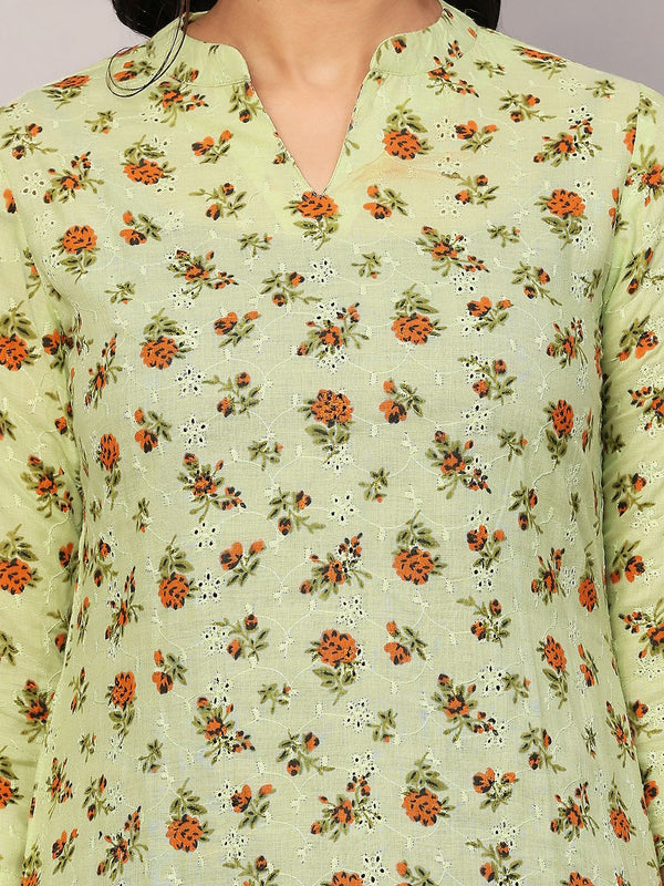 Poshak Hub Women Green ChikanKari Cotton Print A-Line Kurta