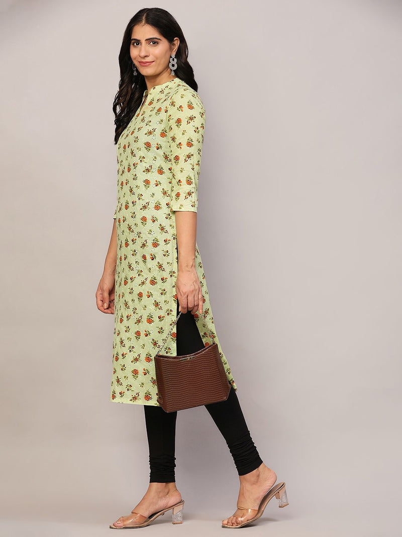 Poshak Hub Women Green ChikanKari Cotton Print A-Line Kurta
