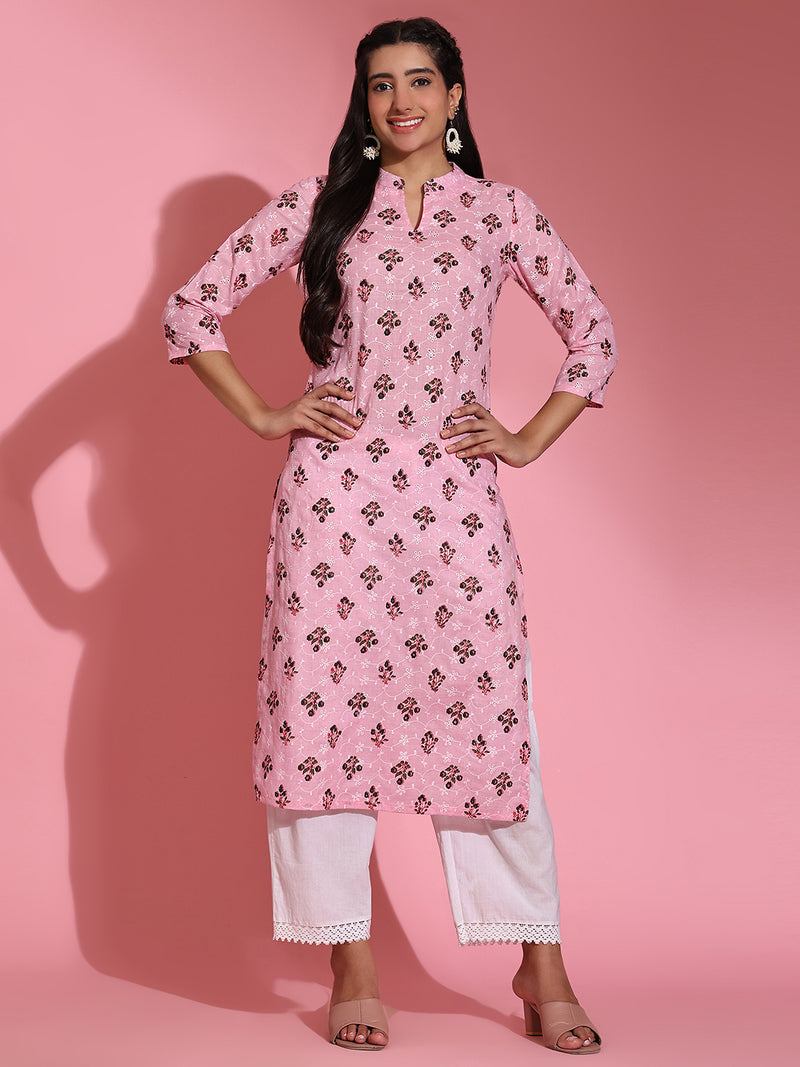 Poshak Hub Women Pink ChikanKari Cotton Print A-Line Kurta