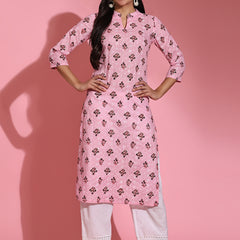 Poshak Hub Women Pink ChikanKari Cotton Print A-Line Kurta