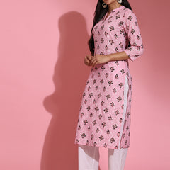 Poshak Hub Women Pink ChikanKari Cotton Print A-Line Kurta