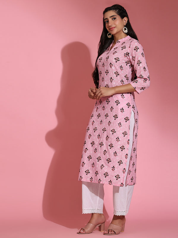Poshak Hub Women Pink ChikanKari Cotton Print A-Line Kurta
