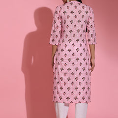 Poshak Hub Women Pink ChikanKari Cotton Print A-Line Kurta