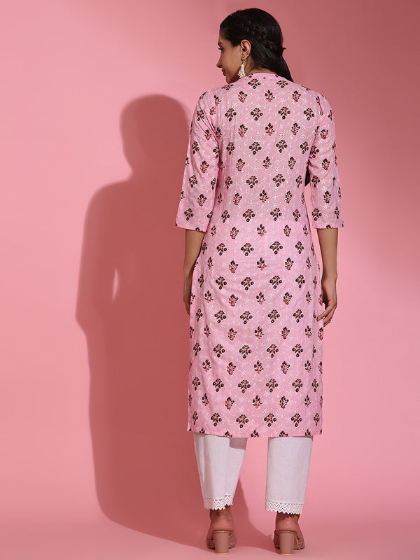 Poshak Hub Women Pink ChikanKari Cotton Print A-Line Kurta
