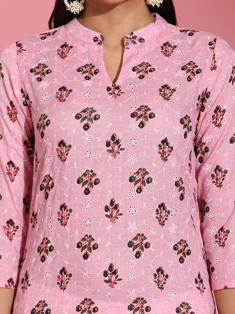 Poshak Hub Women Pink ChikanKari Cotton Print A-Line Kurta