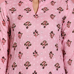 Poshak Hub Women Pink ChikanKari Cotton Print A-Line Kurta