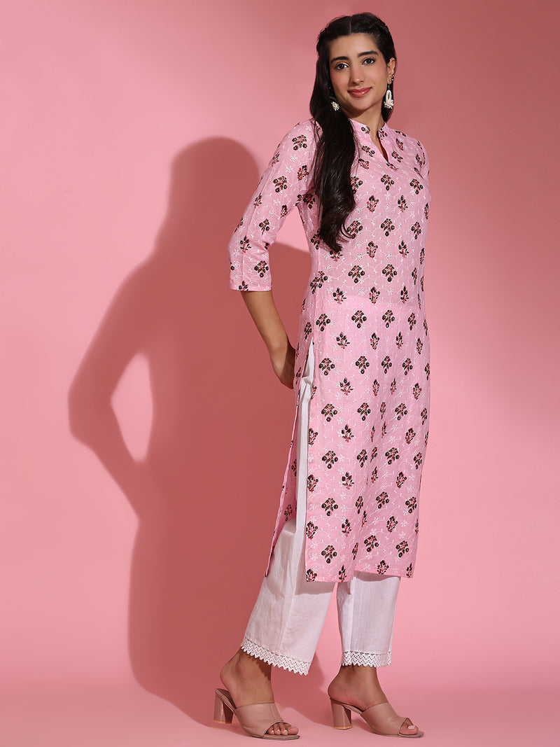 Poshak Hub Women Pink ChikanKari Cotton Print A-Line Kurta
