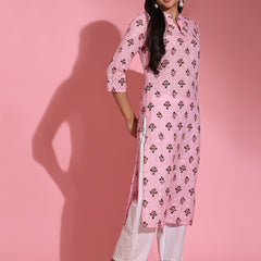 Poshak Hub Women Pink ChikanKari Cotton Print A-Line Kurta