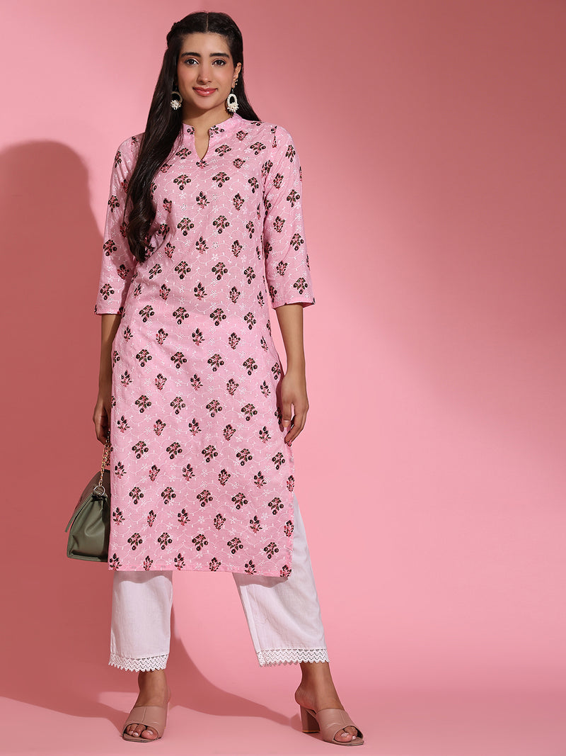 Poshak Hub Women Pink ChikanKari Cotton Print A-Line Kurta