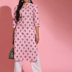 Poshak Hub Women Pink ChikanKari Cotton Print A-Line Kurta