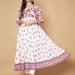 Poshak Hub Women White Pink Cotton Print Anarkali Kurta
