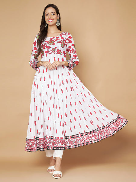 Poshak Hub Women White Pink Cotton Print Anarkali Kurta