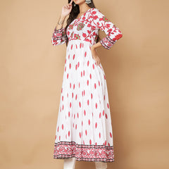 Poshak Hub Women White Pink Cotton Print Anarkali Kurta