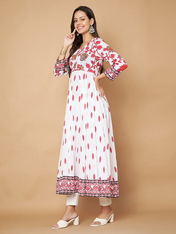 Poshak Hub Women White Pink Cotton Print Anarkali Kurta