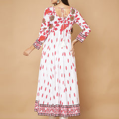 Poshak Hub Women White Pink Cotton Print Anarkali Kurta
