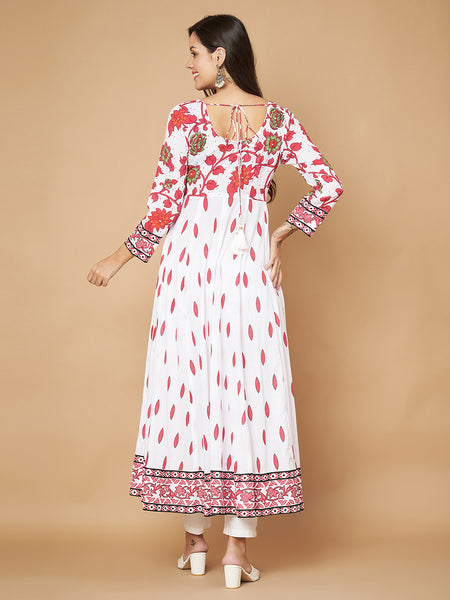 Poshak Hub Women White Pink Cotton Print Anarkali Kurta