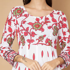 Poshak Hub Women White Pink Cotton Print Anarkali Kurta