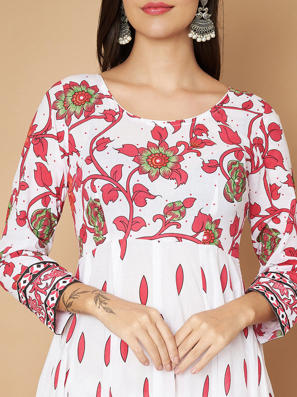 Poshak Hub Women White Pink Cotton Print Anarkali Kurta